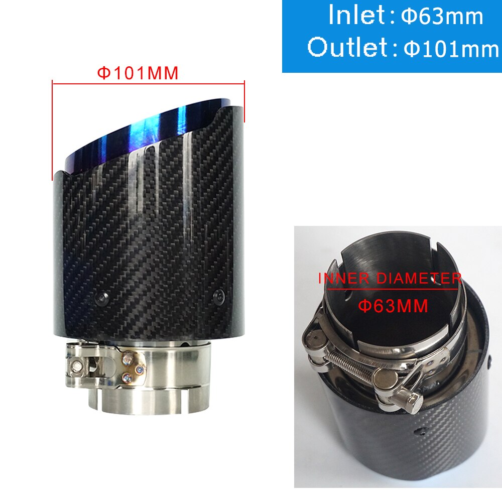 Carbon Fiber Tail Throat Blue Burned Straight Edge Single Carbon Fiber Car Exhaust Pipe Muffler End Tip Tailpipe: In63-Out 101 mm