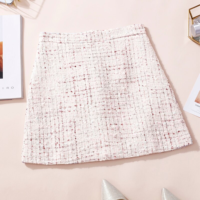 Vintage Winter Tweed Skirts Women Autumn Mini Pencil Skirts Plaid Wool Skirts Korean Bodycon High Waist Tweed Skirt Lady: White / S