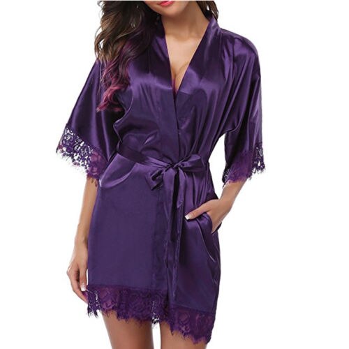 Women Summer Silk Satin Half Sleeve Lace Bandage V-Neck Sleepwear: Purple