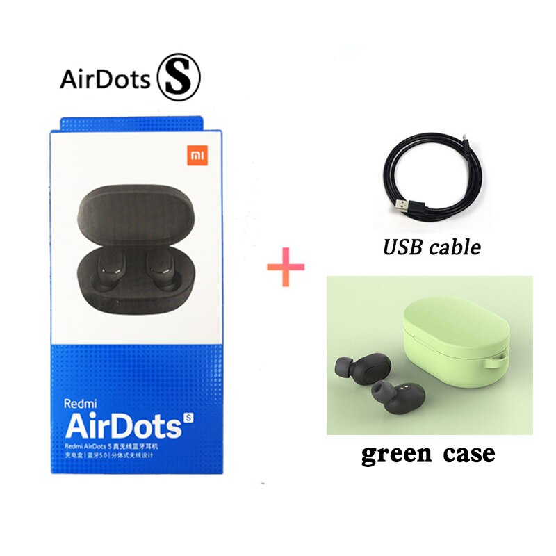 Original Xiaomi Airdots S Tws Redmi Airdots S Earbuds Wireless Earphone Bluetooth 5.0 Gaming Headset With Mic Voice Control: green  case cable