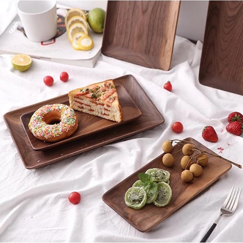 Rectangle Black Walnut Wood Pan Plate Fruit Dishes Bread Wood Plate Saucer Tea Tray Dessert Dinner