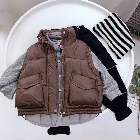 Kinderen winter trekkoord kraag dik vest jas jongens koreaanse meisjes jongens tiener jassen kinderen bovenkleding donsjas: Donkerbruin / 7 hoogte 120-130cm