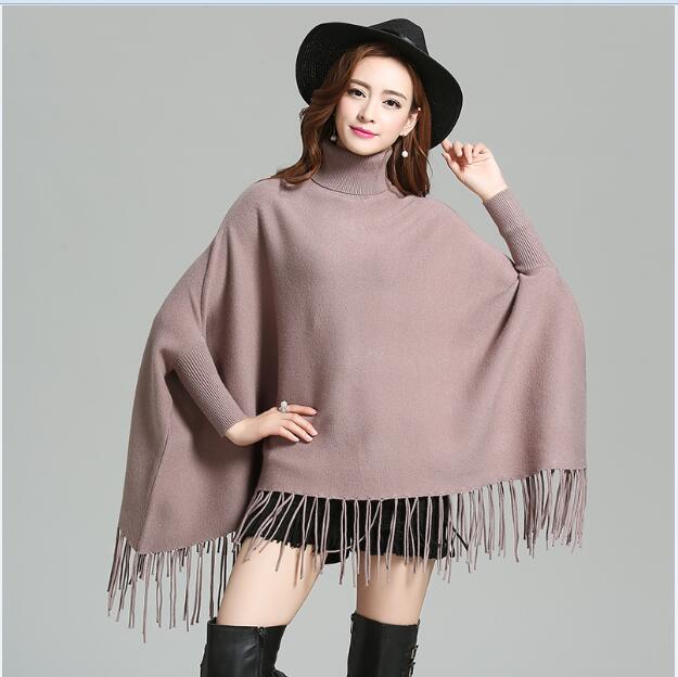 Stil vinter løs sweater sjal rullekrave lange kvaster strikket flagermusærmer sweater: Khaki