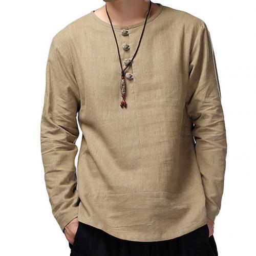 Mænd afslappet ensfarvede lange ærmer o-hals knapper bomuld løs pullover skjorte perfekt jul velegnet til daglig brug: Khaki / L