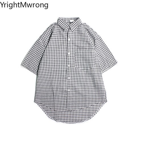 Streetwear Harajuku Woman Man Korean Button Up Short Sleeve Pocket Plaid Shirt Hip Hop Blouse Summer Casual Plus Size T: as photo 2 / XL