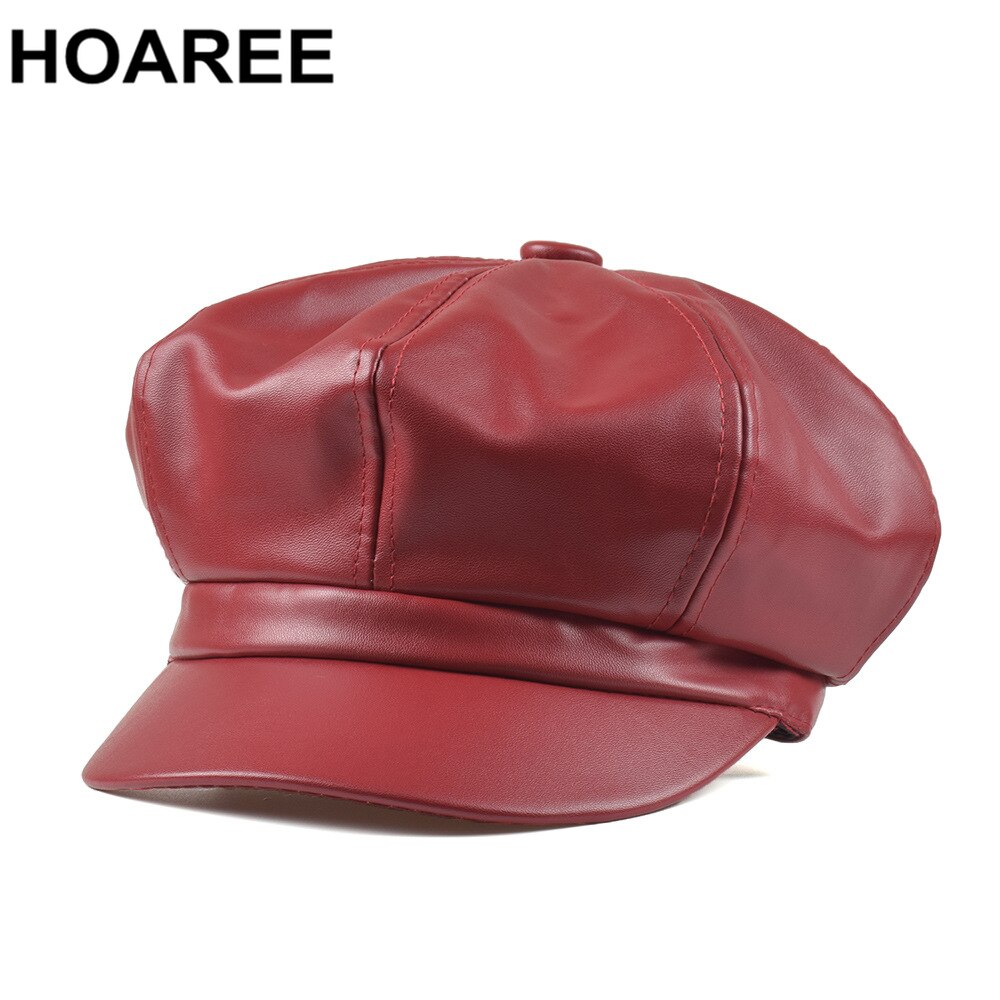 Hoaree rød newsboy cap pu skinn solid åttekantet cap høst vinter vintage damer flat cap hun beret lue: Rød