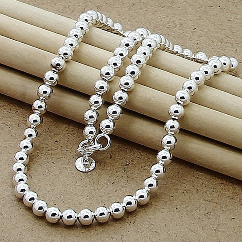 925 Silver Jewelry Set 6MM Bead Necklace Bracelet For Women Costume Jewelry Sets