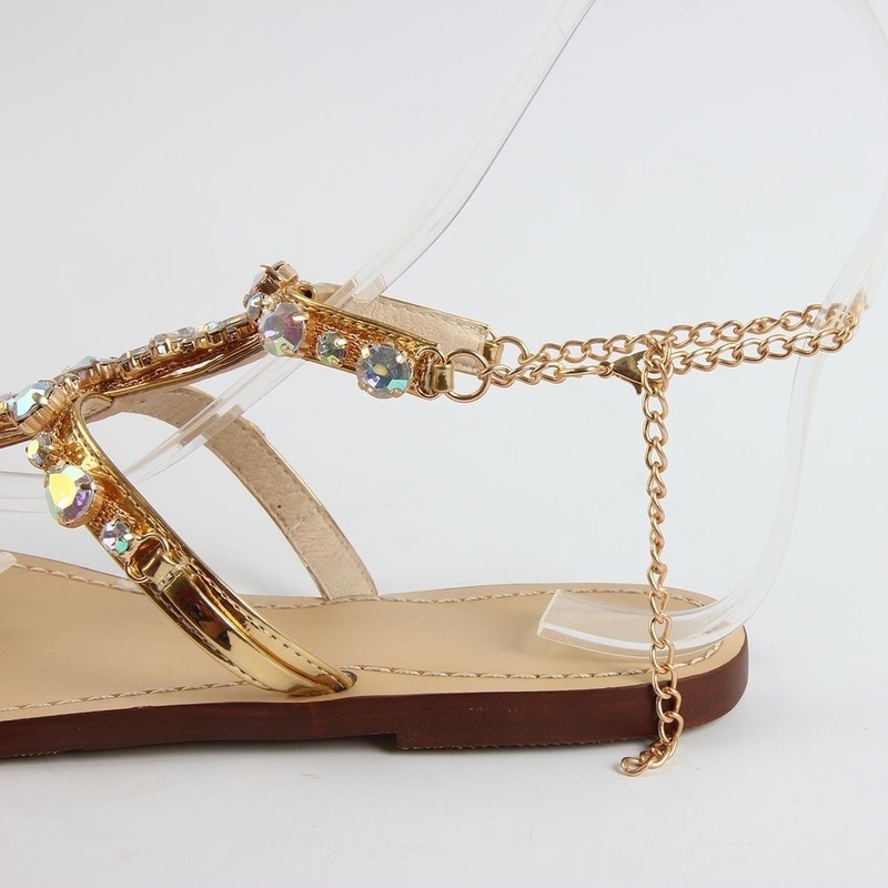 ZBYY Women's Bohemian Beach Sandals – Beaded Crystal T-Strap Flat Sandals | Elastic Ankle, Open Toe Summer Casual