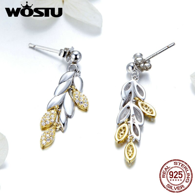 Wostu Oorbel Sterling 925 Zilver Goud Tarwe Oorbellen Zirkoon Dangle Zilveren Oorbellen Voor Vrouwen Mode-sieraden CTE025