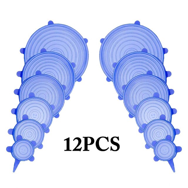 12 PCS Round Reusable Silicone Food Cover Elastic Stretch Adjustable Bowl Lids Kitchen Wrap Seal Fresh Keeping Silicone Caps: Blue 12pcs