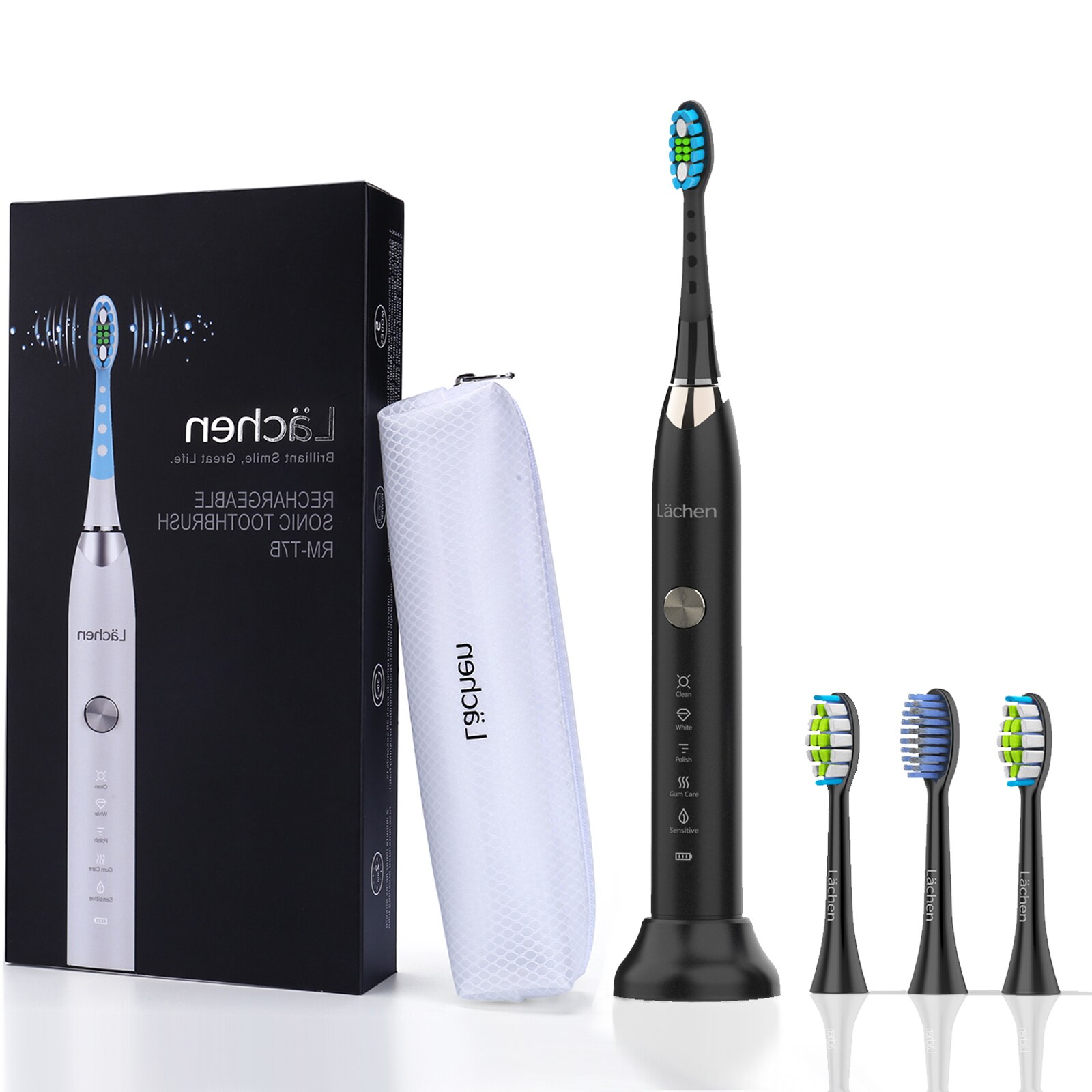 Lachen T7B Sonic Whitening Electric Toothbrush Sonic toothbrush with 4 brush heads and timer 5 modes USB charging