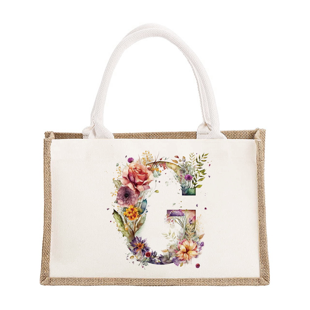 Sac à bandoulière en lin de grande capacité, sac de Shopping pour femmes, motif imprimé de lettres florales, sac d'imitation de Jute: BLEU CIEL