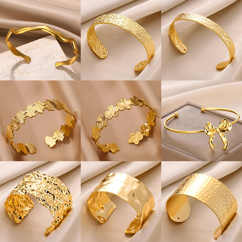 Bracelet manchette Vintage à fleurs pour femmes, couleur or, en acier inoxydable, moulage esthétique, bijoux de poignet pour Couple