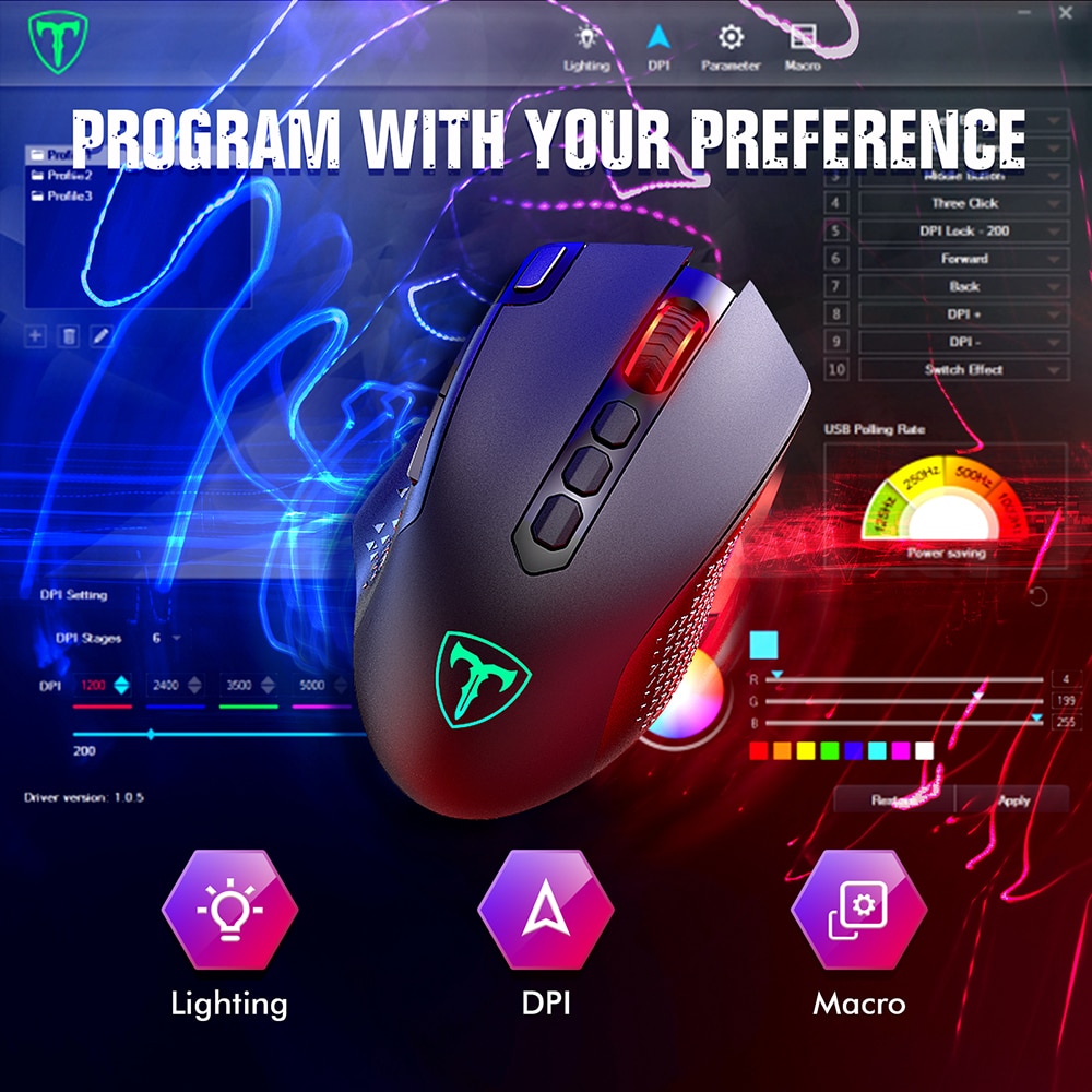 PICTEK – souris de jeu ergonomique, sans fil, Rechargeable, avec 10 boutons programmables, rétroéclairée rvb, 10000 DPI, pour joueur en ligne sur PC