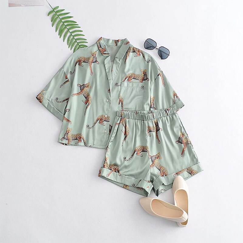 Women Animal Leopard Satin Pajama Suits Short Sleeve Shirt Tops Elastic Waist Wide Leg Shorts Set Female Summer Casual Homewear: M