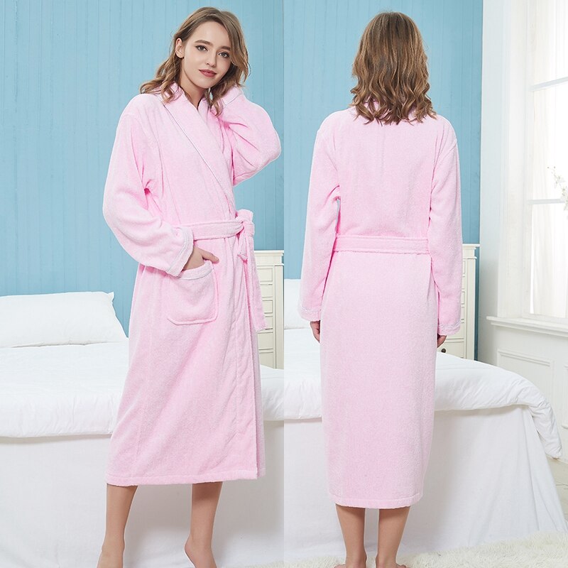Vinter mænd badekåbe 100%  bomuld efterår tykt varmt håndklæde fleece bomuld morgenkåbe lang badekåbe hotel spa blød kimono kåbe: Lyserød / M (160-168cm)