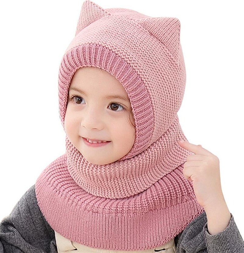 Knit Hooded Scarf Kids Hat And Scarf Child With Mask Winter Warm Protection Ear Cap Circulal Scarves Girls Boy Accessories