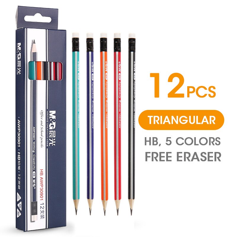 M&amp;G 12/24/48/120pcs Triangular HB Wood Pencil with Eraser Pre-Sharpened Lead Pencils Graphite Pencil for school supplies kids: 12pcs (1 box)