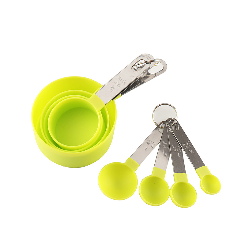 Juego de cucharas y tazas medidoras para hornear pasteles, utensilios de cocina con mango de acero inoxidable, accesorios de herramientas de cocina, 8 Uds.: Verde claro