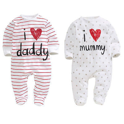 100cm Cotton Cute Baby Boy Girls Romper Long Sleeve Letter Love Mom Dad Clothes Kids Newborn Infant Pajamas Outfit Clothing Set