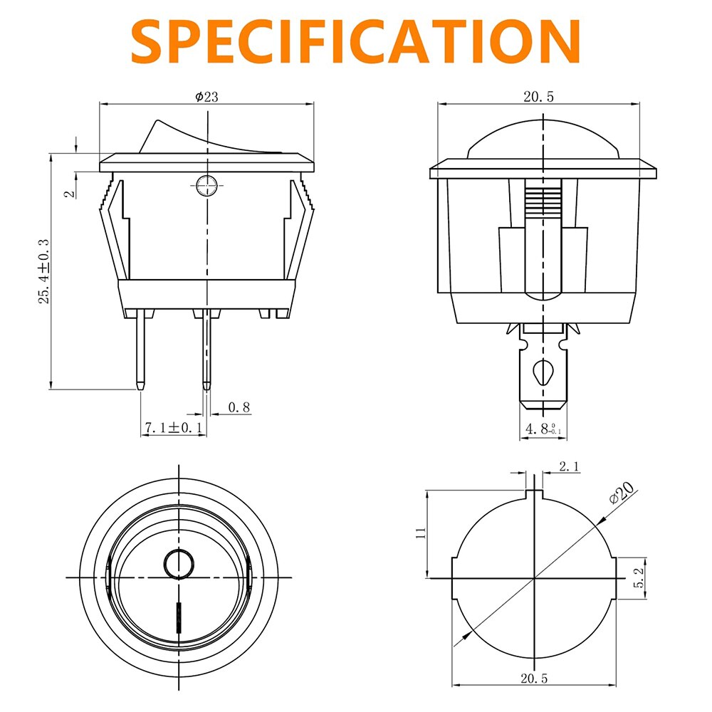 KCD1 Black Round Rocker Switch 10Pcs On Off 2 Pin AC 6A(250V) 10A(125V) SPST Press Toggle Button for Auto Boat Marine Car Light