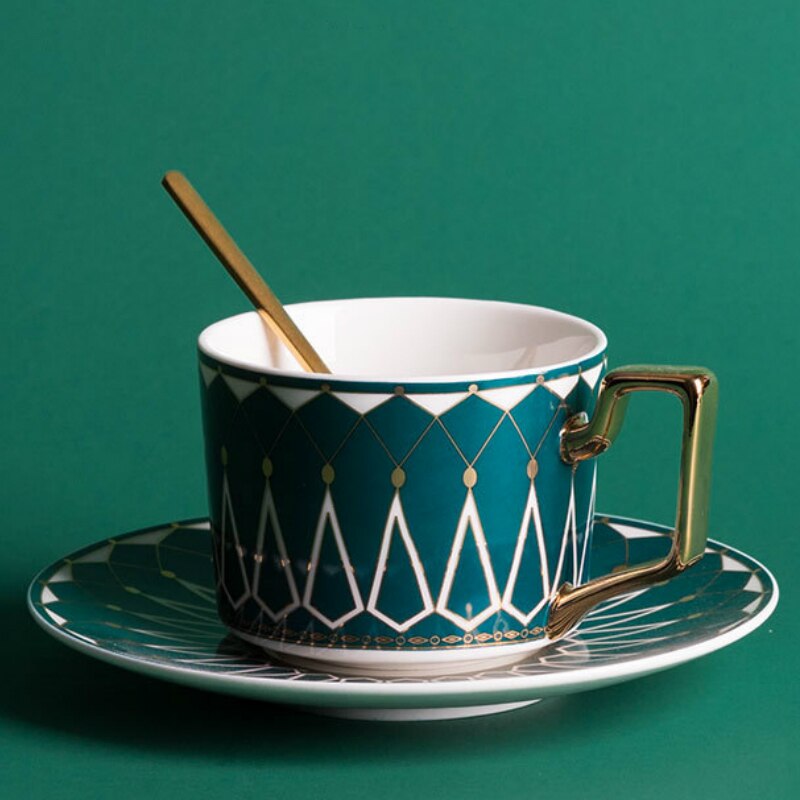 British Style Luxury Moroccan Coffee Cup and Saucer Set with Gold Handle 220ml Ceramic Afternoon Tea Cup Porcelain Drinkware