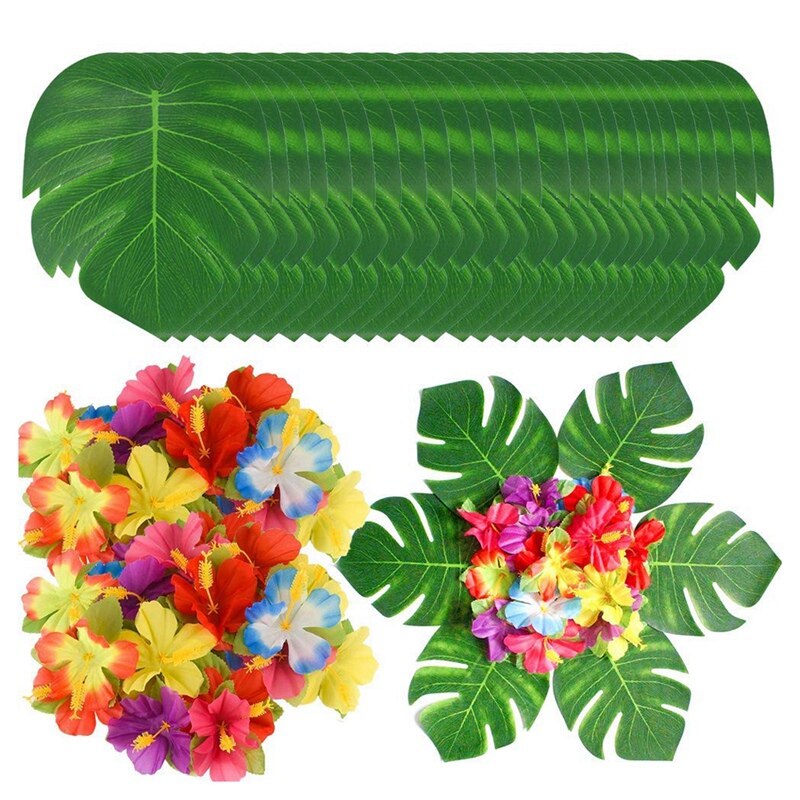 90Pcs Tropical Palm Leaves and Hibiscus Flowers, Artificial Leaves Plants Hibiscus Flowers Fete Deco, Hawaiian Party Jungle Beac: Default Title