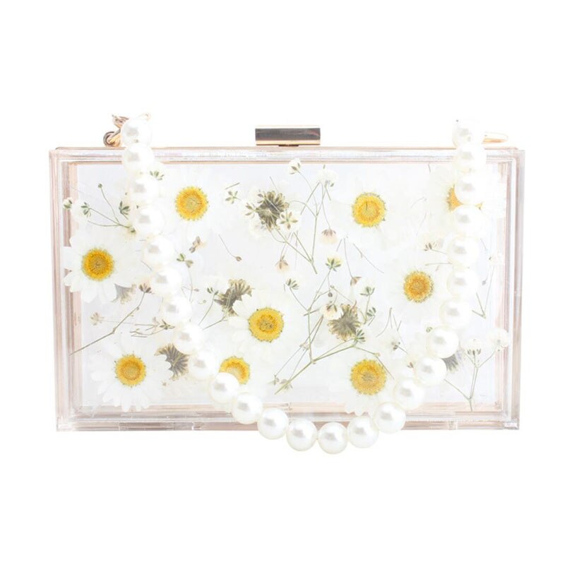 Bolso de mano de plástico con flores transparentes para mujer, bolsa de hombro transparente, de noche, con perlas: E Style 01