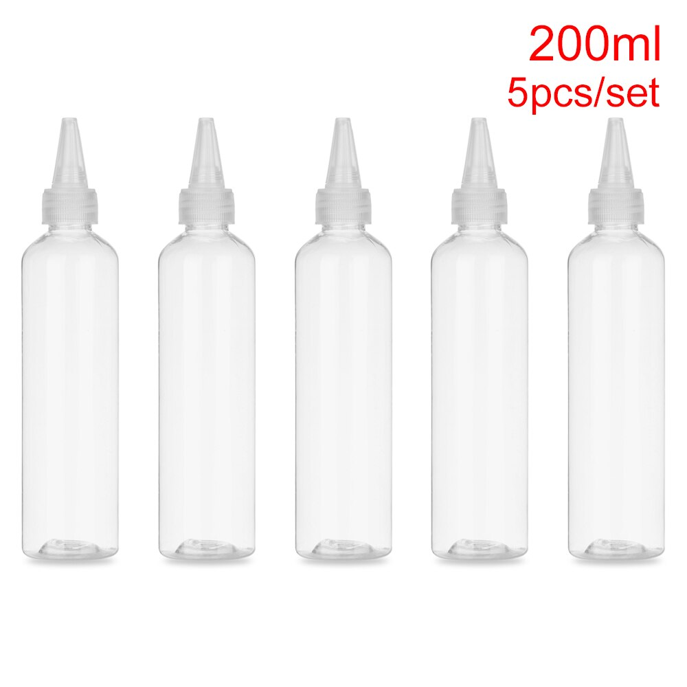 5 stk/sæt 10-250ml tomme dråbeflaske med børnesikret låg plastdyse dråbehætte nyttig bærbar genopfyldelig klemflaske: 200ml