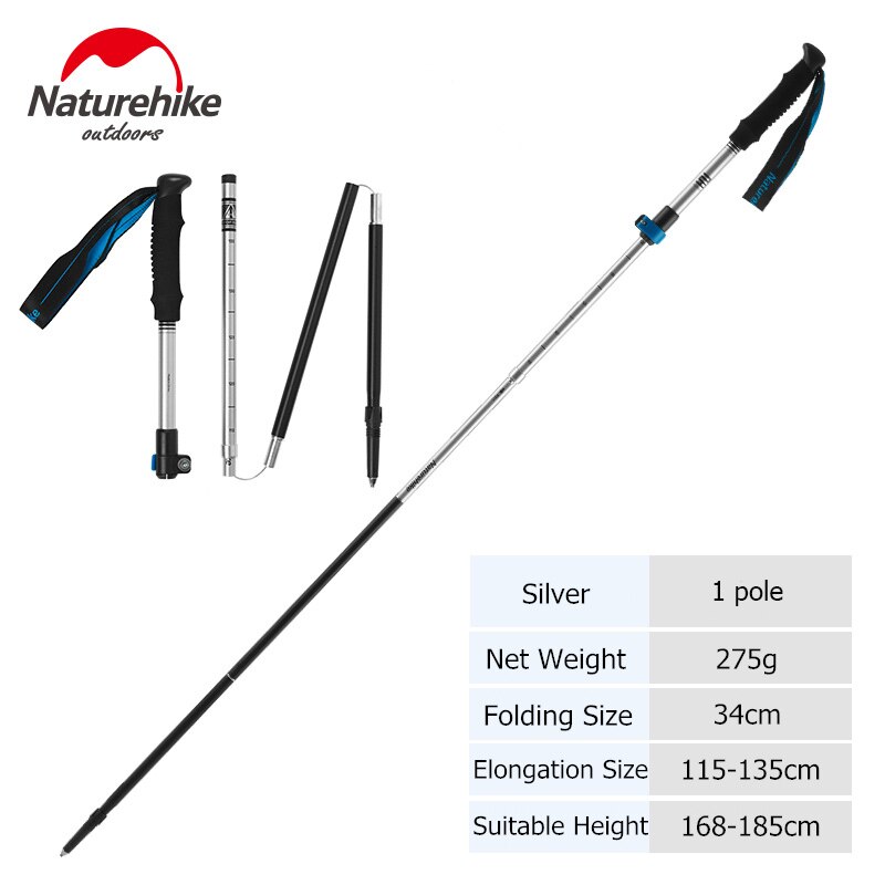 Naturehike Trekking Poles Folding Hiking Stick Collapsible Hiking Poles Trekking Stick Walking Poles Nordic Walking Sticks: Silver - 1 pole