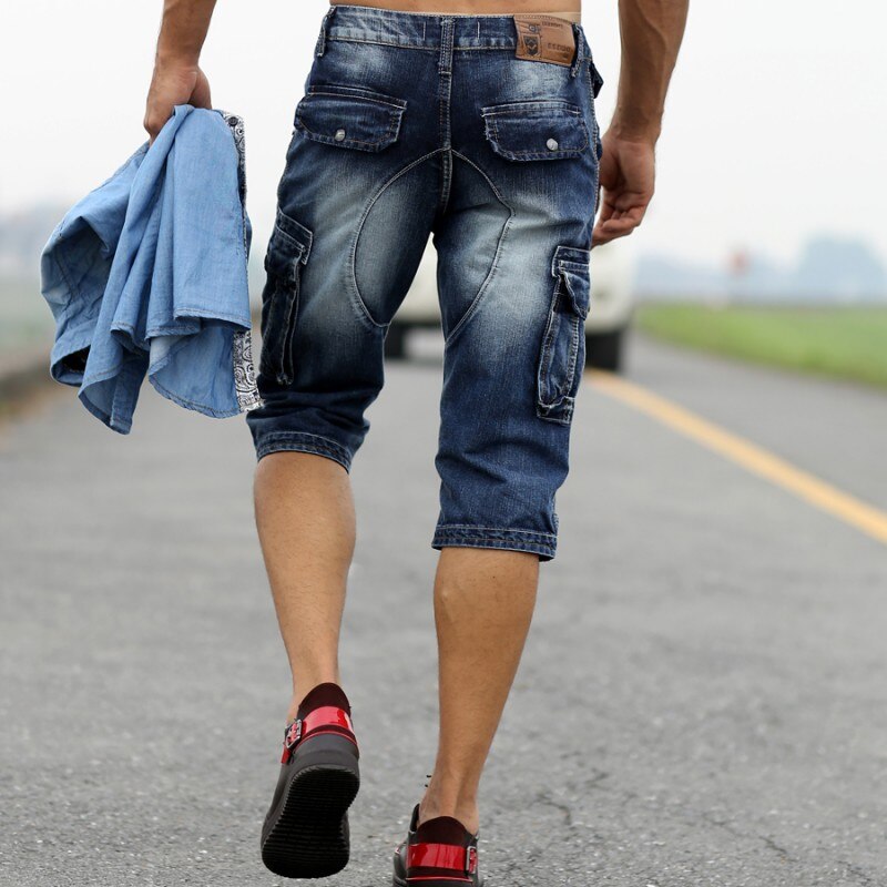 Sommer Vintage Herren Gerade Jeans Mehrere Taschen Fracht Kalb-Länge Denim Shorts Plus Größe Casual Jean Hosen