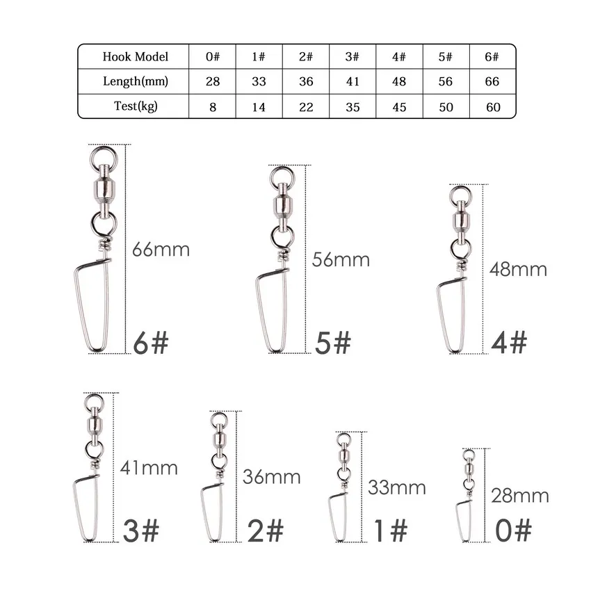 50pcs Fishing Ball Bearing Swivel with Coastlock Snap 0-6# Stainless Barrel Swivels Hook Lure Fishing Connector Tackle Box