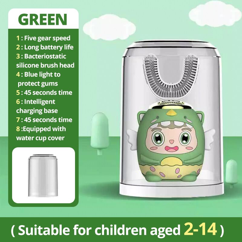 Kids Elektrische Tandenborstel Kinderen Automatische Oplaadbare 360 Graden Tandenborstel Ultrasone Zachte Siliconen Met Beschermhoes: Creen