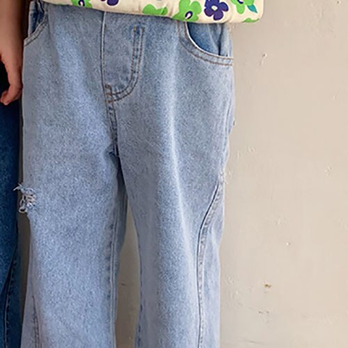 MILANCEL Été Nouveaux Enfants Pantalon Jean Déchiré à glissière Droite Vrac Solide Filles Pantalons Simple Décontracté Enfants Vêtements: light blue / 5T