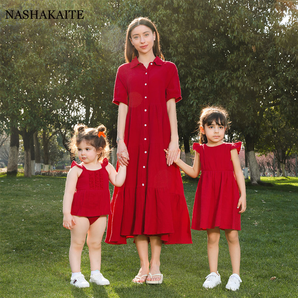Cotton Matching Family Outfits Mom and Daughter Dress Leisure Vacation Red long Dress Mommy and Me Matching Clothes Family Look