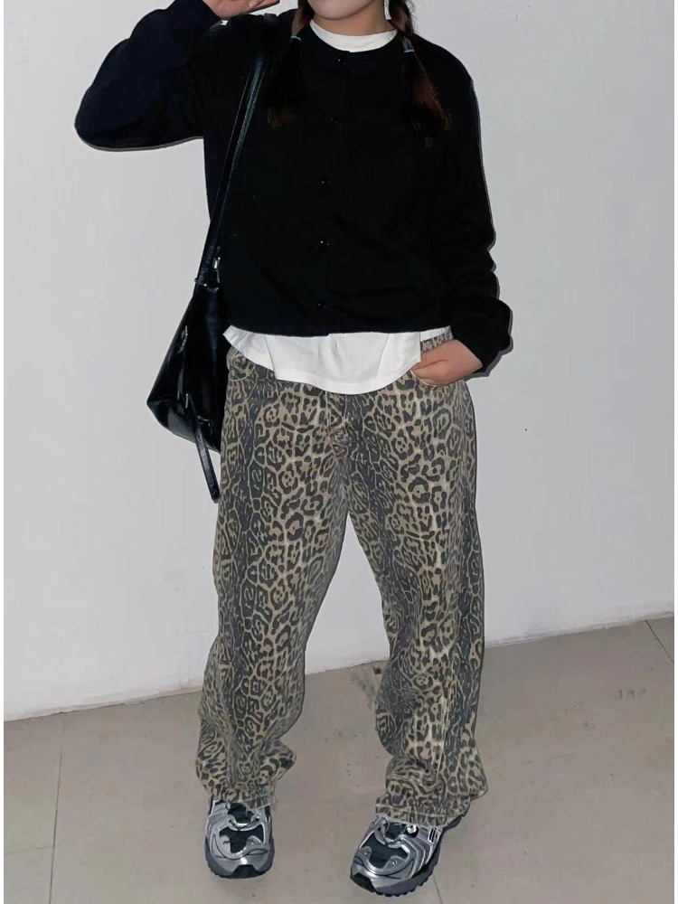 Kvinna vintage överdimensionerade vida jeans flickor hög midja punkkläder byxor dam leopardmönster harajuku baggy byxor