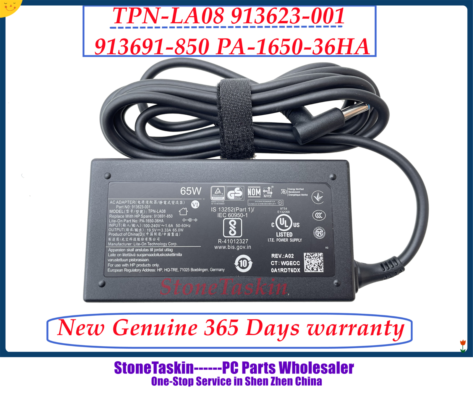 StoneTaskin TPN-LA08 913623-001 913691-850 PA-1650-36HA dla HP prawdziwej zasilacz laptopa ładowarka Adapter AC 19.5V 3.33A 65W