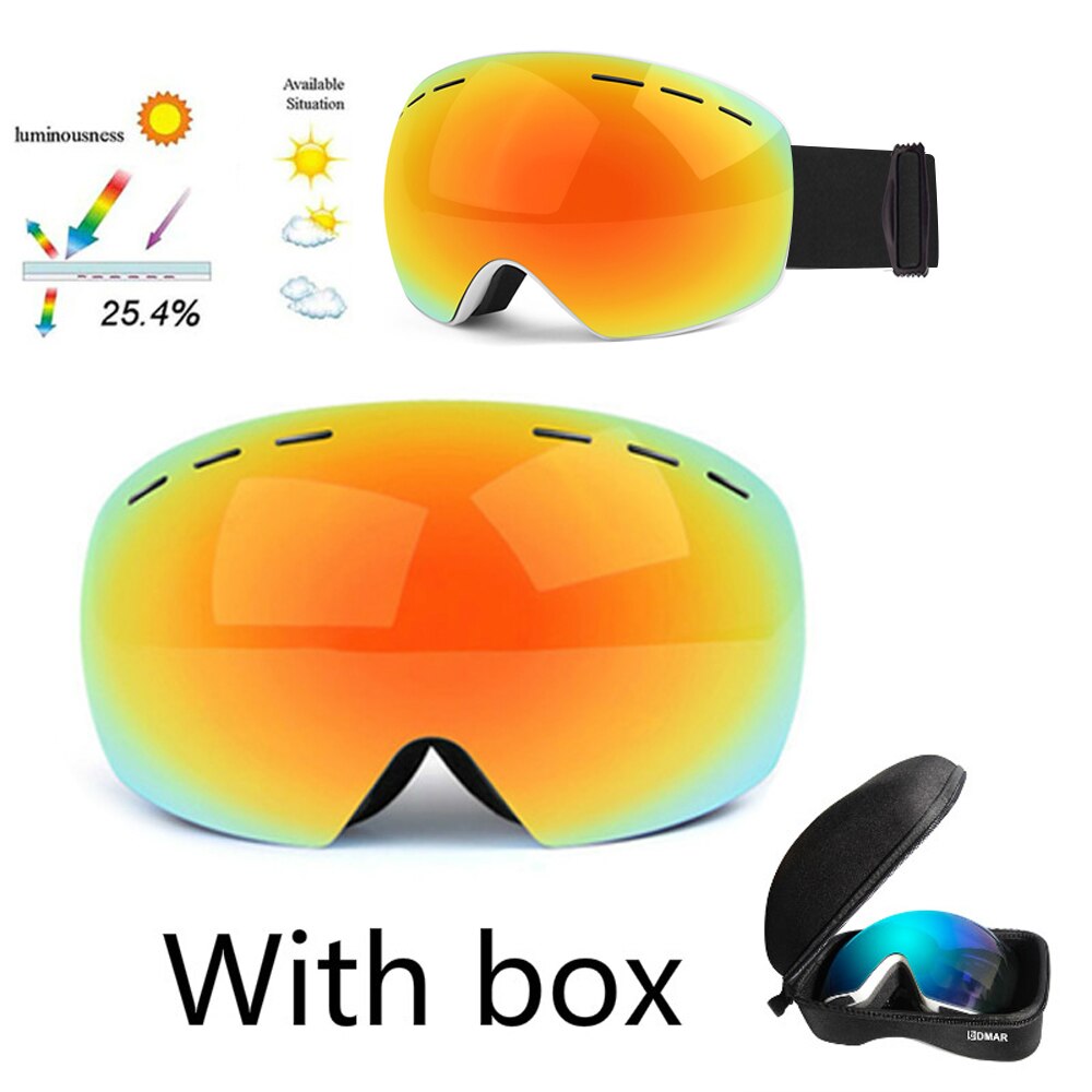 Skibriller uv400 sfæriske dobbeltlag anti-tåge beskyttelse holder varme store linser sne glasessnogbræt sne beskyttelsesbriller: Rød med kasse