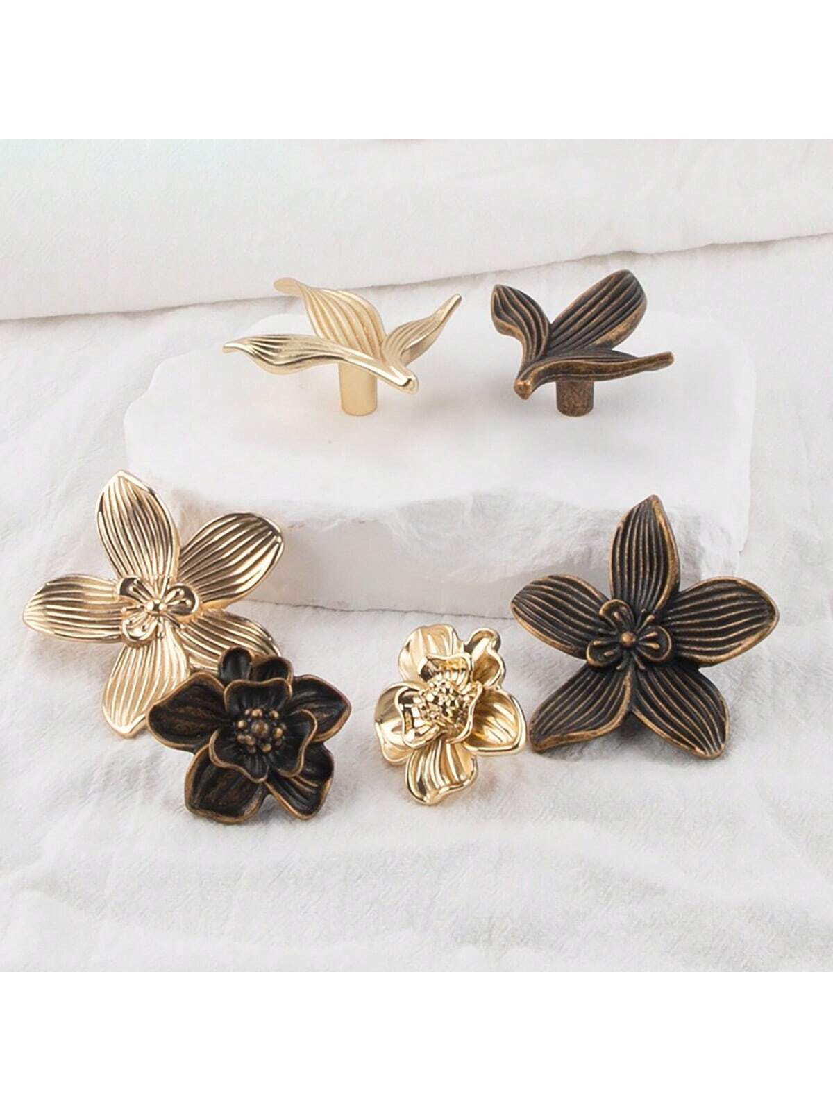 Tiradores de cajón de flores doradas, tiradores creativos de gabinete de cocina de pétalos, tiradores de cajón de gabinete de muebles, tiradores de puertas de armario