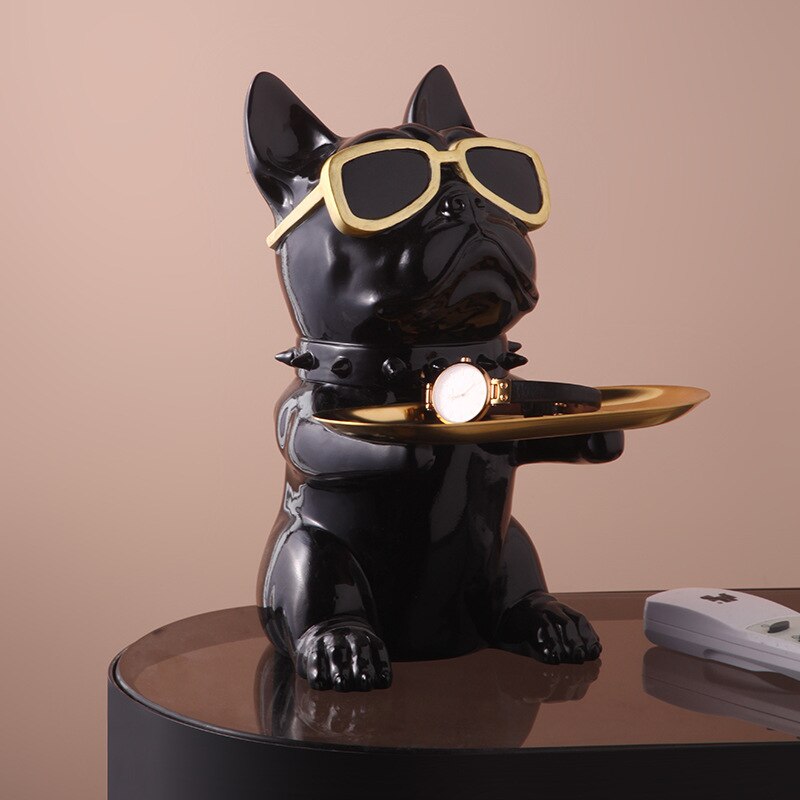 Escultura de Bulldog Francés nórdico, estatua de perro, llave, joyería, almacenamiento, decoración de mesa, con vasos de plata
