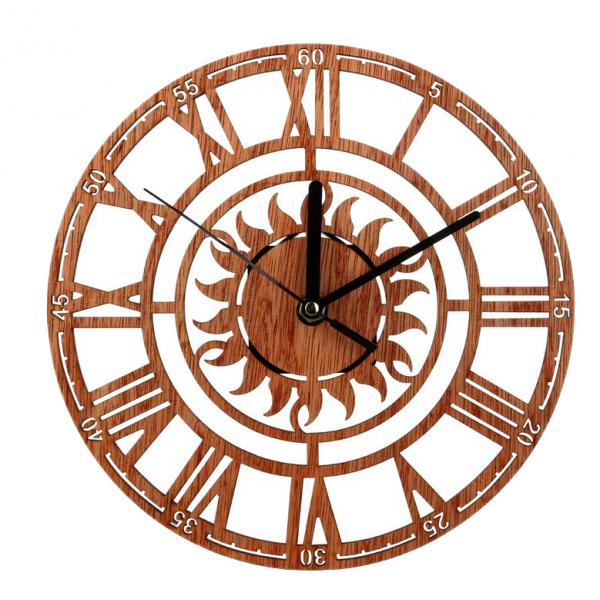Vintage Wood Wall Clocks Round Shape Sun Pattern Roman Number Digital Clock