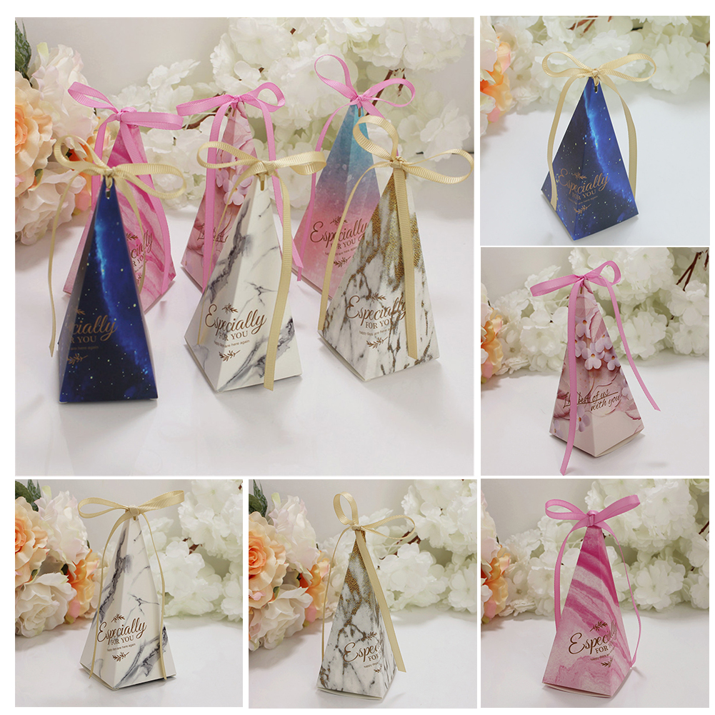 50Pcs Pyramid Shape Candy Boxes with Ribbon Wedding Birthday Party Favor GQ