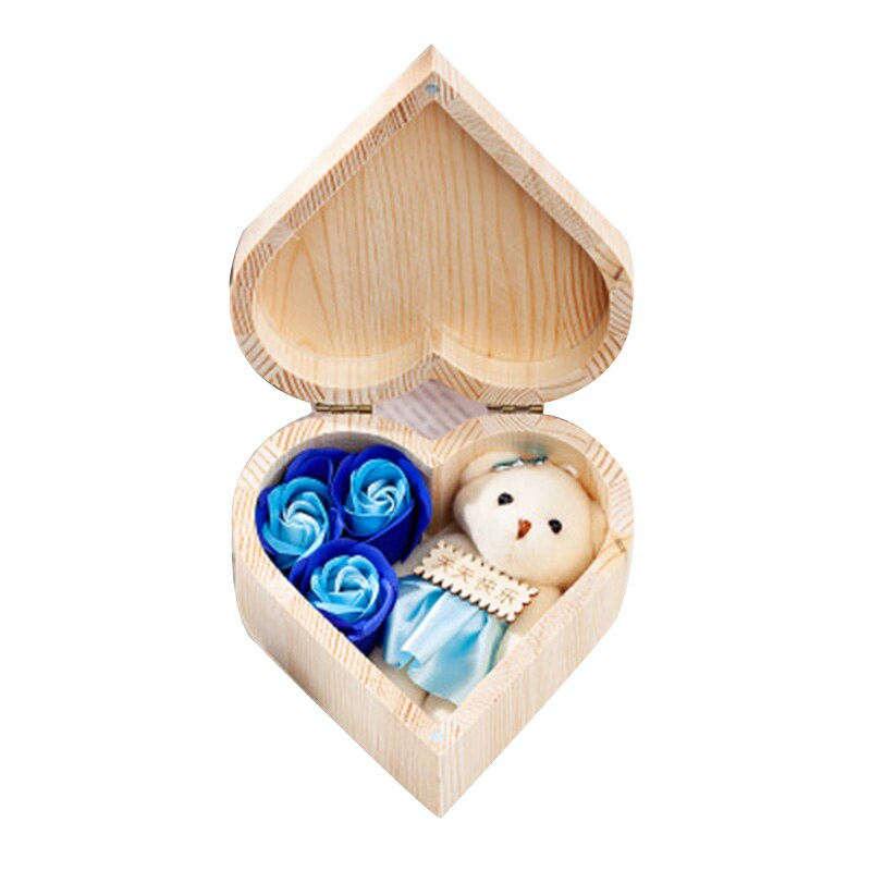 Caja de jabón con forma de corazón de madera, caja de joyería de flores hecha a mano, flor inmortal para el Día de San Valentín, flor de jabón-30: blue bear