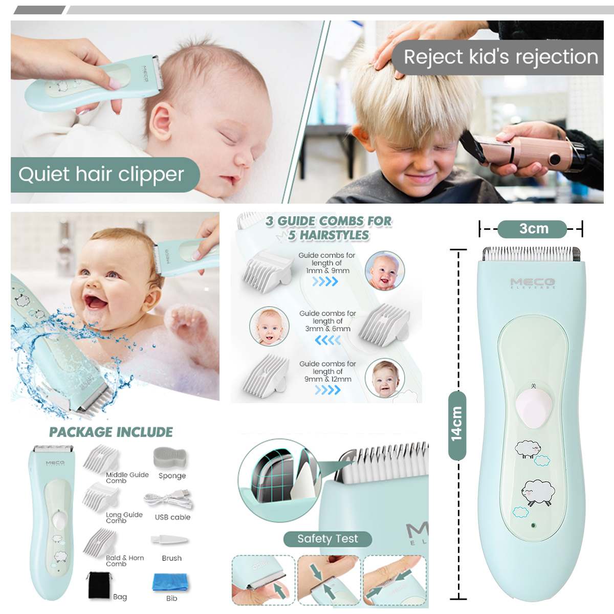 MECO tagliacapelli per bambini tagliacapelli elettrico muto per bambini rasoio per bambini impermeabile taglio di capelli con 3 pettini guida per bambini/adulti
