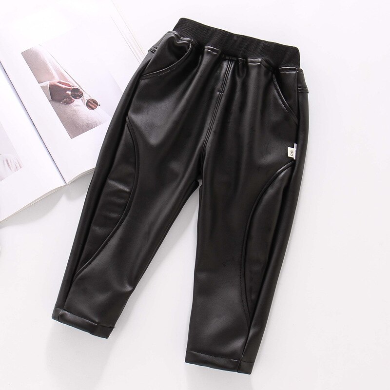 Barn casual skinnbyxor tjejer vinter tjocka pojkar varma byxor barn långbyxor baby flickor pu byxor 2-8 år: Bågsvart / 2t