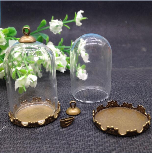 10 satz/lot -- 25*38mm vakuumglocke form rohr klarglas blase flasche & tray & top-stecker -- für DIY halskette zubehör finden: bronze crown tray