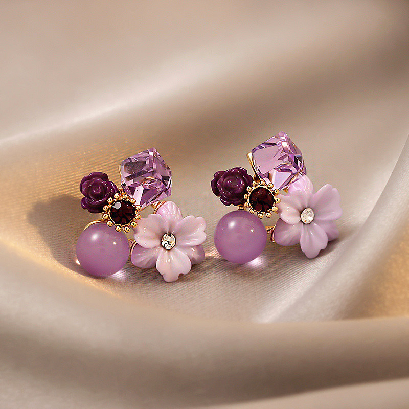 Taro-Boucles d'oreilles à tige fleur violette pour femmes, boule ronde en cristal, mini boucles d'oreilles mignonnes pour filles, bijoux d'oreille à la: Couleur or jaune pâle