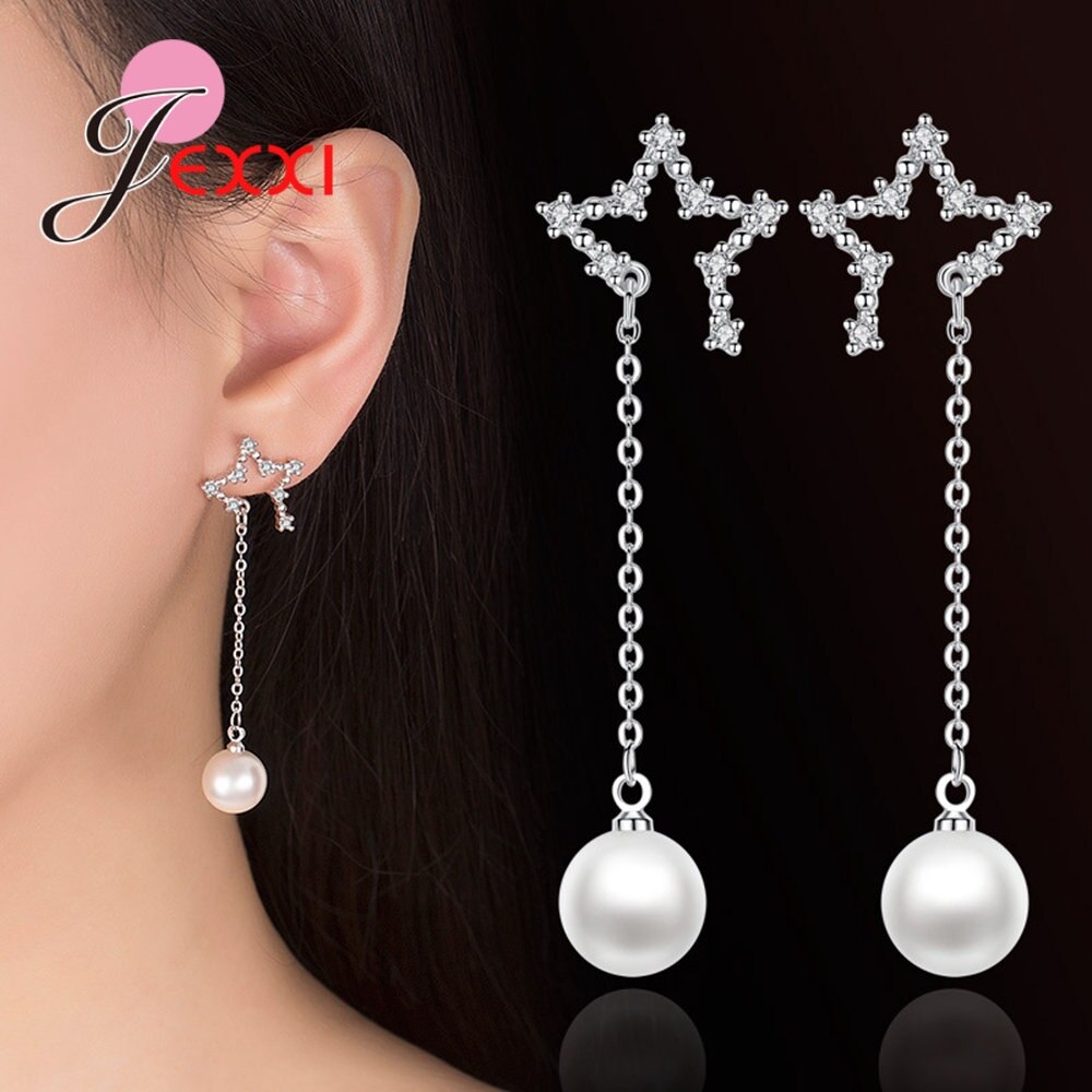 Heetste Verkoop Fresh Water Parel Doorboord Oorbellen Fonkelende 925 Zilveren Zirconia Verharde Stars Sieraden Voor Ol Dames