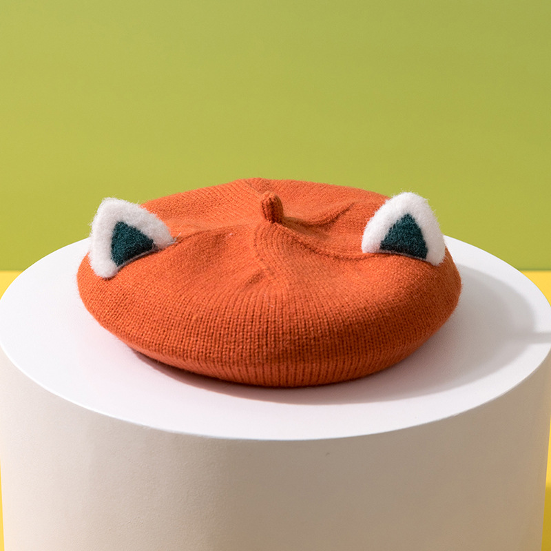 Béret de dessin animé pour enfants, chapeau tricoté avec oreilles de renard, Bonnet pour filles: dark orange