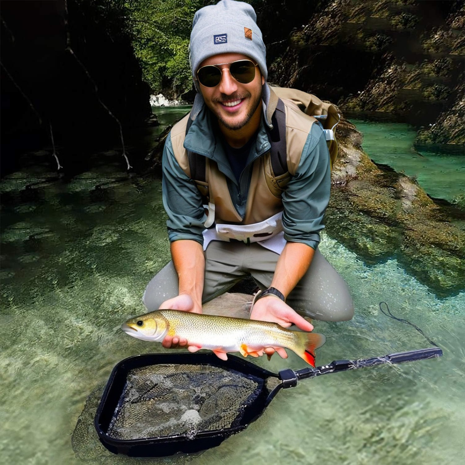 Floating Fishing Net Bass Trout Landing Net Foldable Lightweight Portable Rubber Coated Fish-Friendly Mesh Easy Catch & Release